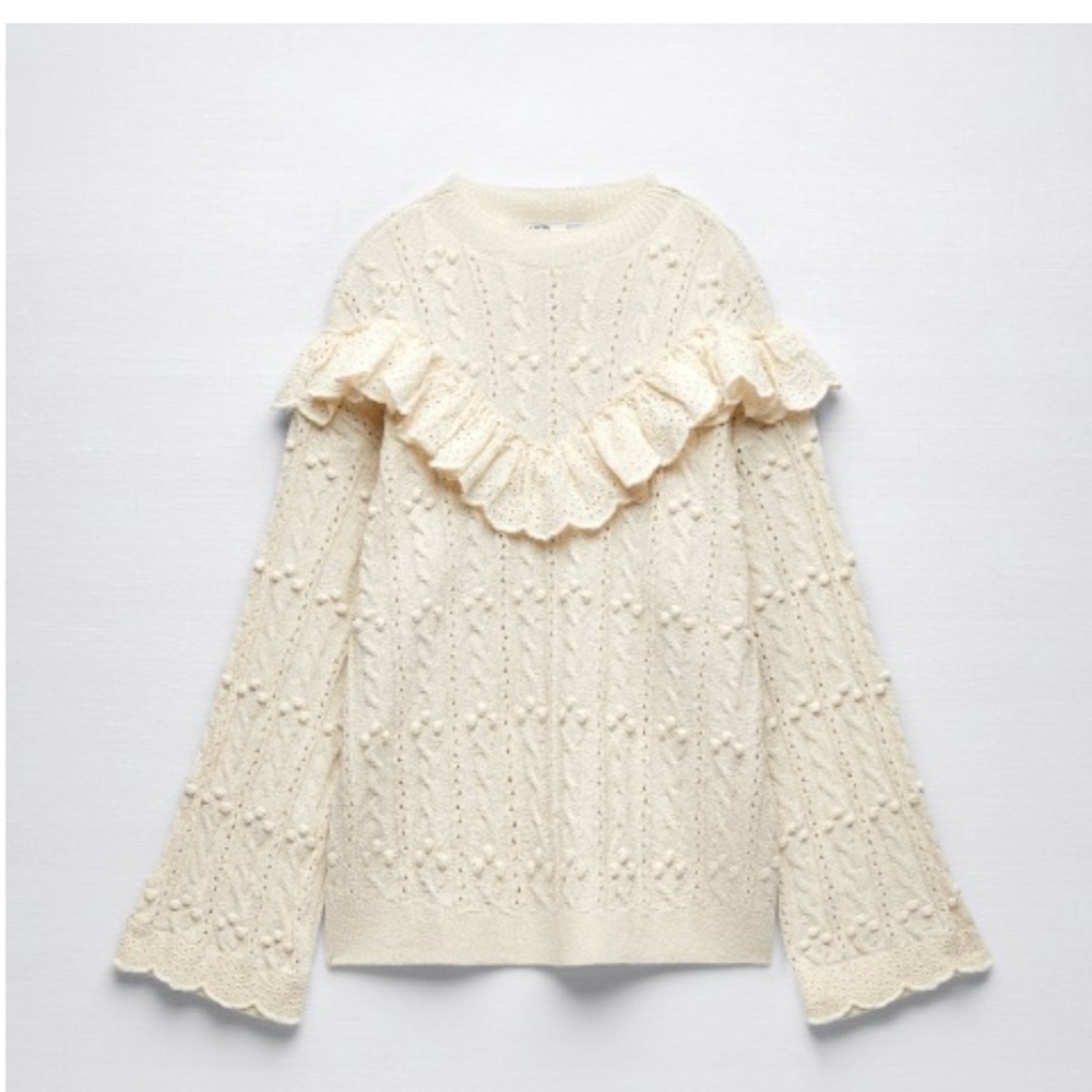 Zara Cream Ruffle-Trim Cable Knit Sweater